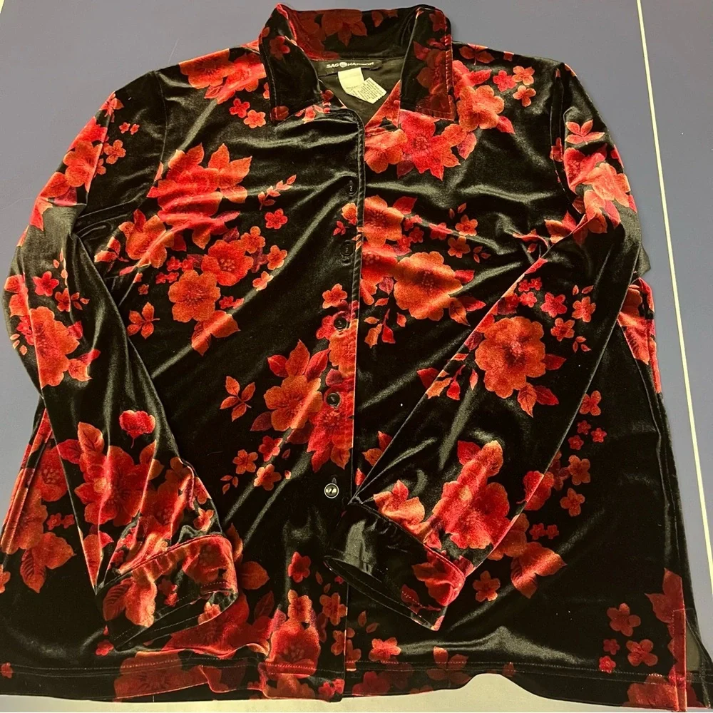 Sag Harbor Floral Velvet Button-Up Shirt Shiny Vintage Retro Party XL - Picture 13 of 16